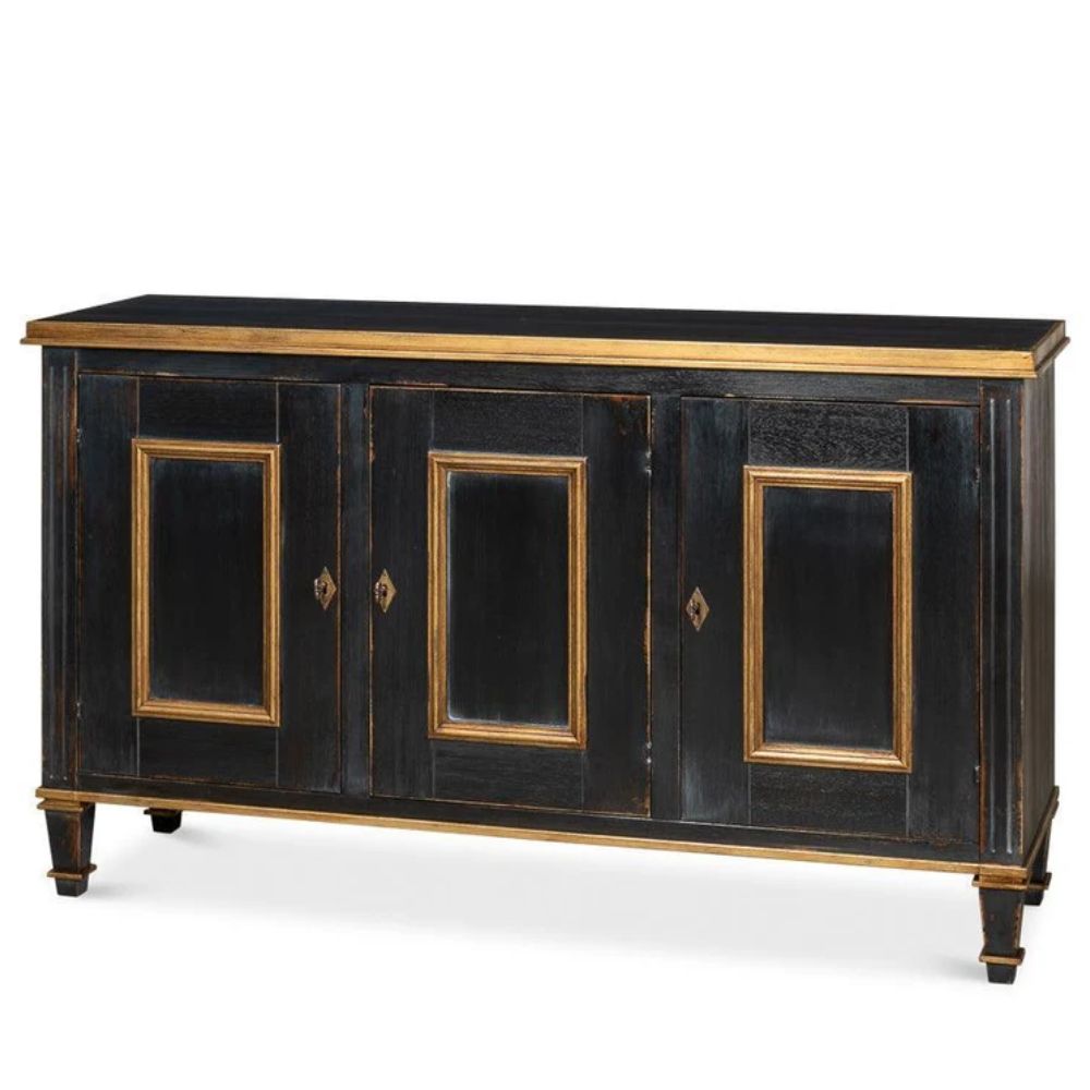 Black and gold French country sideboard with ornate detailing and three doors