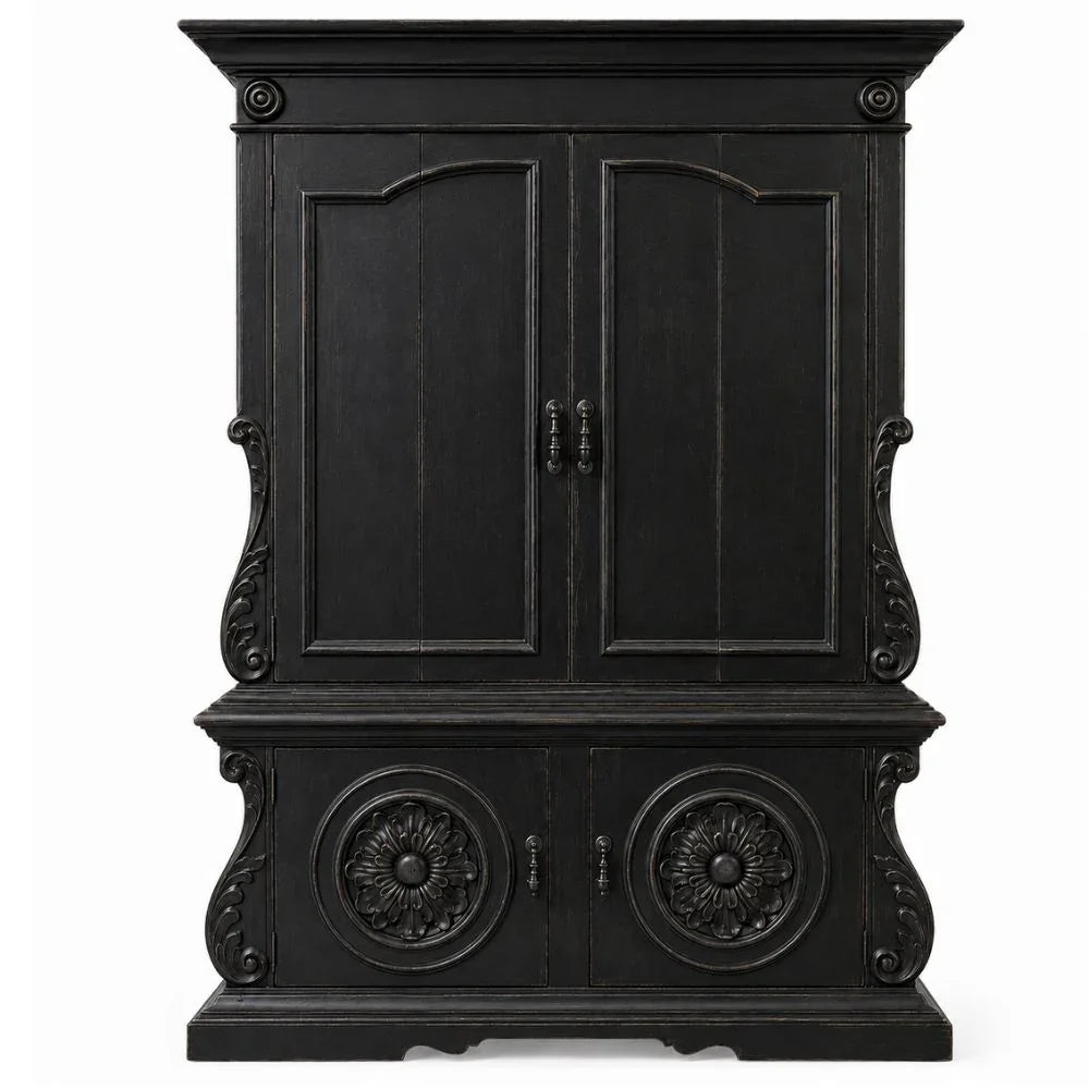 Black French country armoire with ornate carvings and floral medallions, farmhouse style storage cabinet