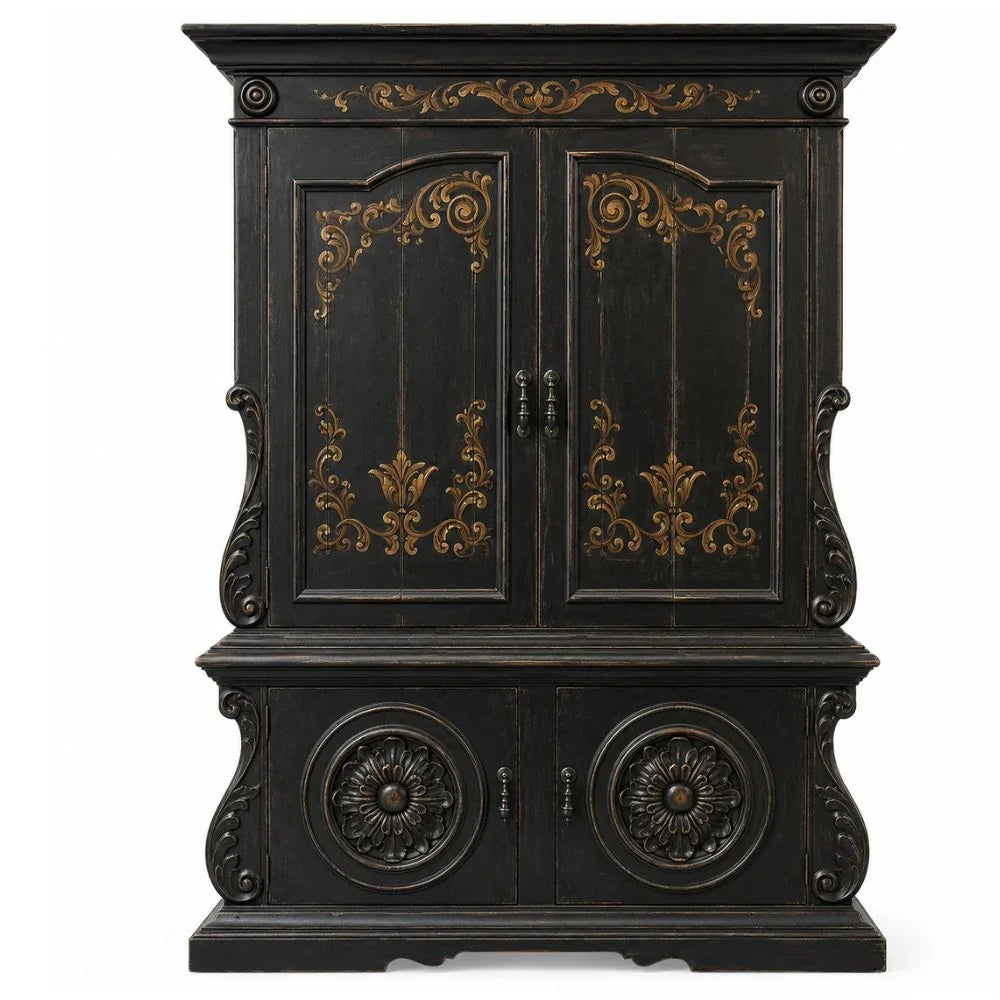 Black French country armoire with gold scrollwork and carved floral details, shabby chic style