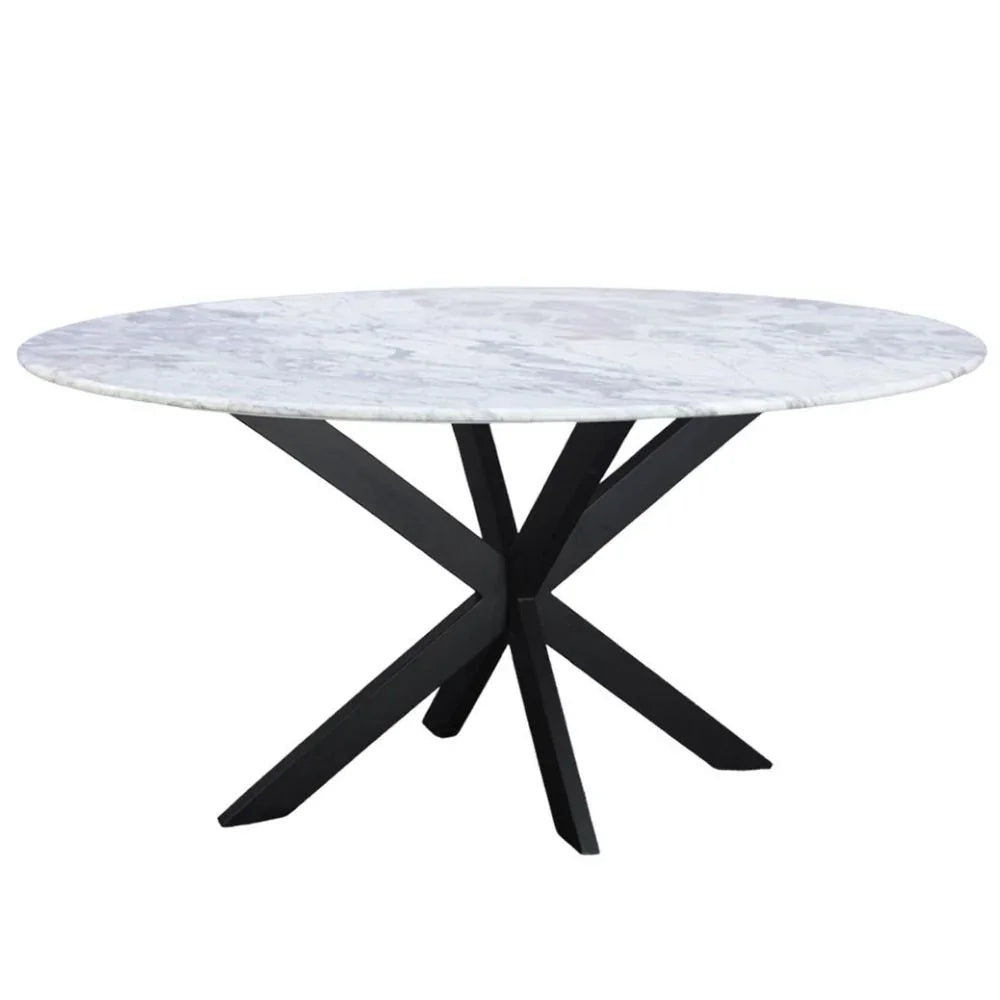 Round marble dining table with black X-base, modern farmhouse style