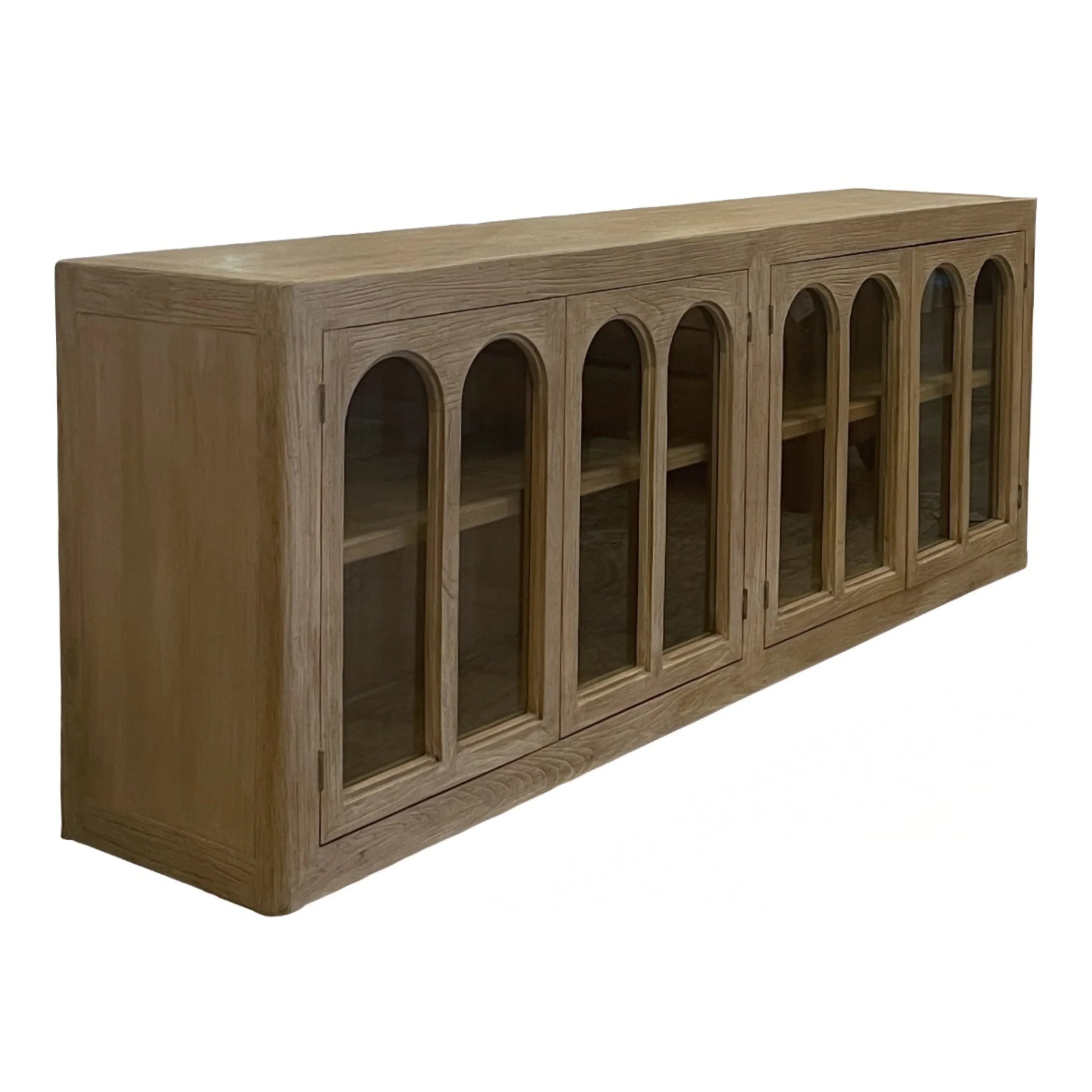 Rustic oak sideboard with arched glass doors, perfect for farmhouse or French country decor