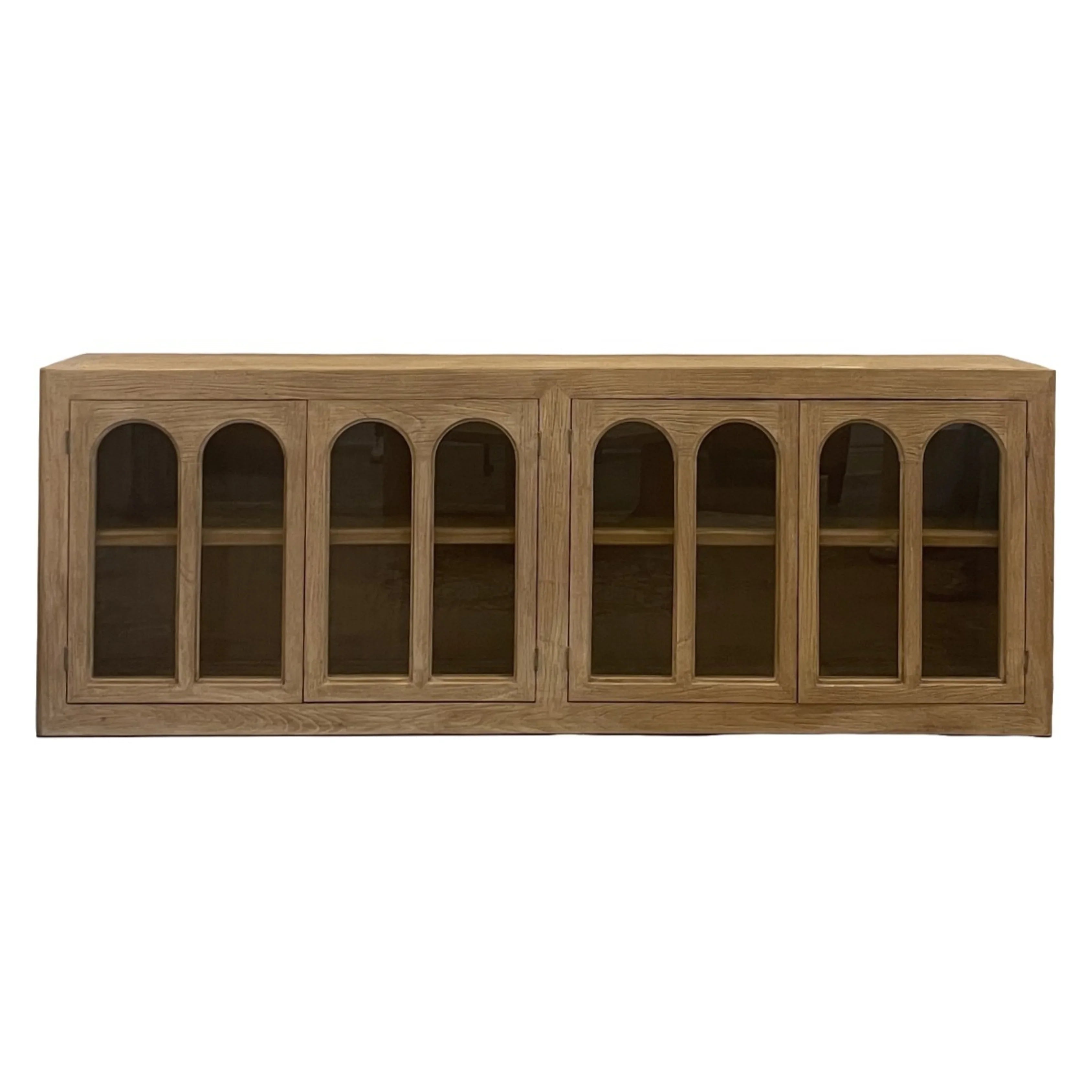 Rustic oak sideboard with arched glass doors, farmhouse style storage cabinet