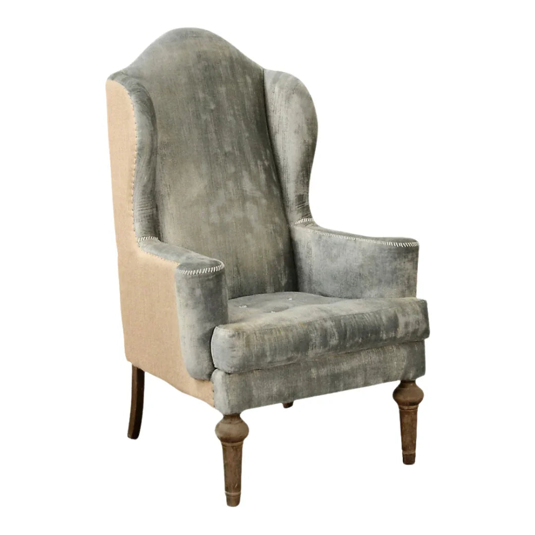 Plush Blue Velvet and Burlap Accent Chair