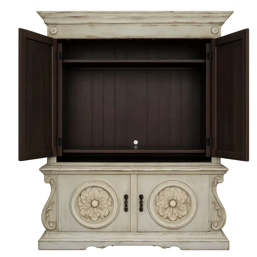 French country TV cabinet with floral carvings, distressed finish, and open doors revealing dark wood interior