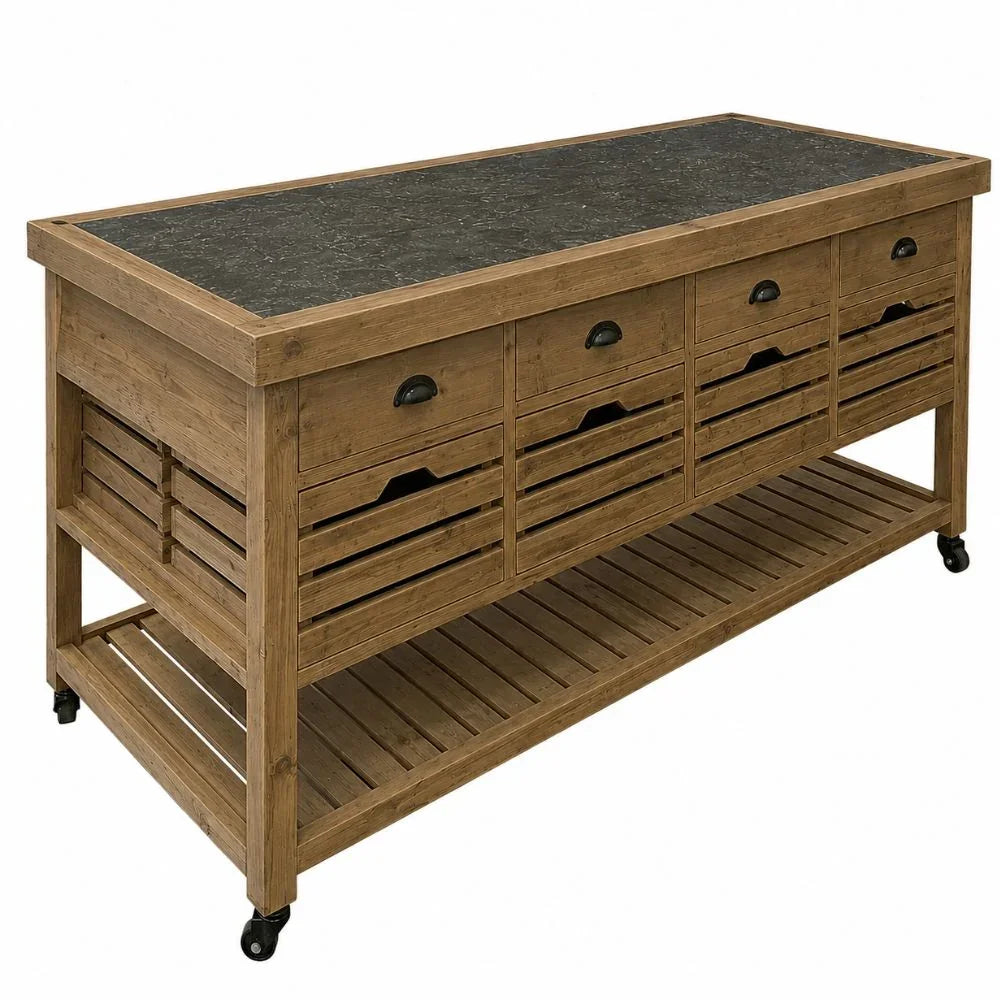 Rustic wooden kitchen island with stone countertop, drawers, and slatted shelves on casters