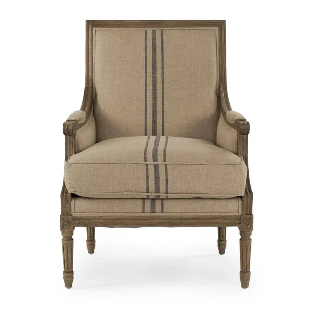 French country armchair with striped upholstery and carved wood frame
