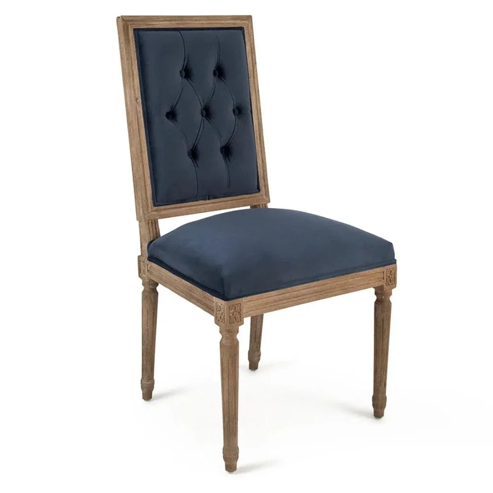 Navy blue tufted dining chair with rustic wood frame, French country style