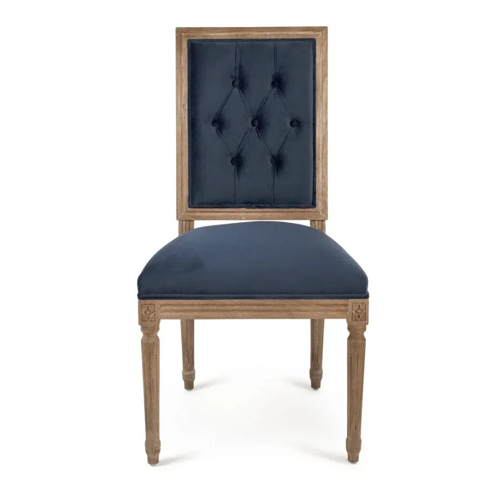 Navy velvet tufted dining chair with rustic wood frame, French country style