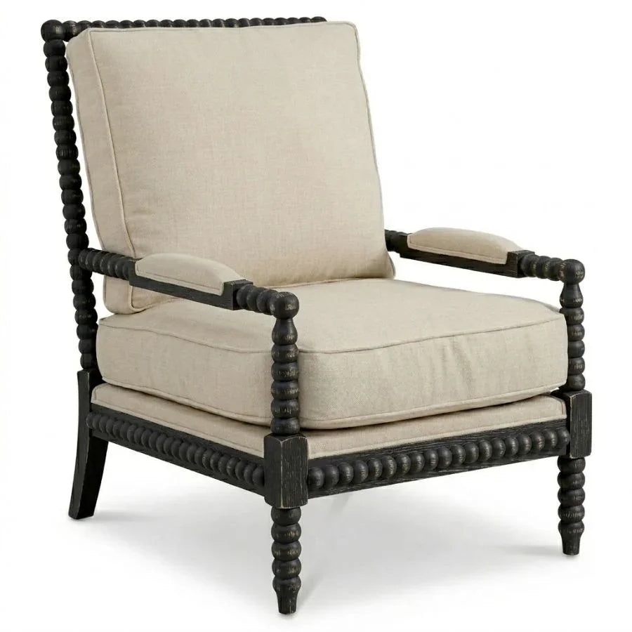 French country armchair with black turned wood frame and beige linen cushions, farmhouse style accent chair