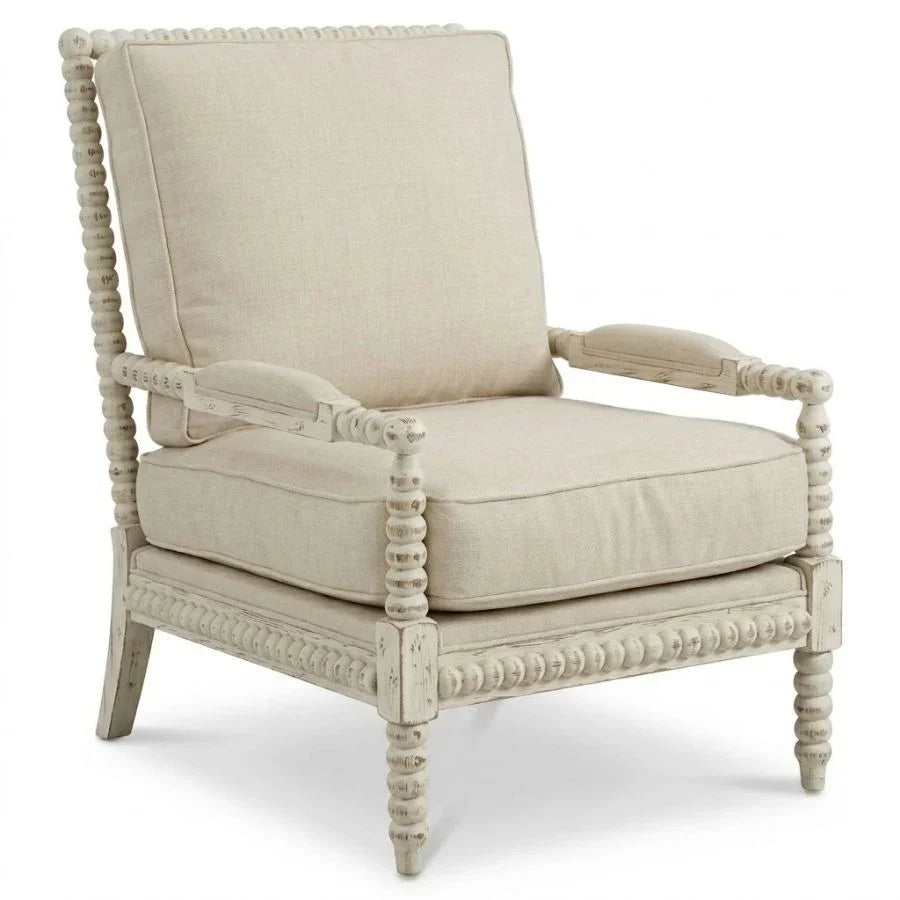 French country armchair with distressed white wood frame and beige linen cushions, shabby chic style