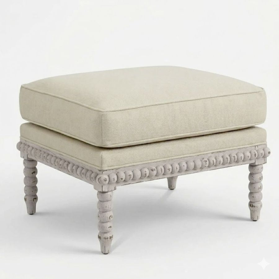 Bobbin Wood and Linen Ottoman
