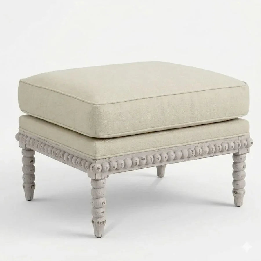 Bobbin Wood and Linen Ottoman