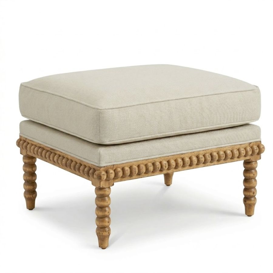Bobbin Wood and Linen Ottoman