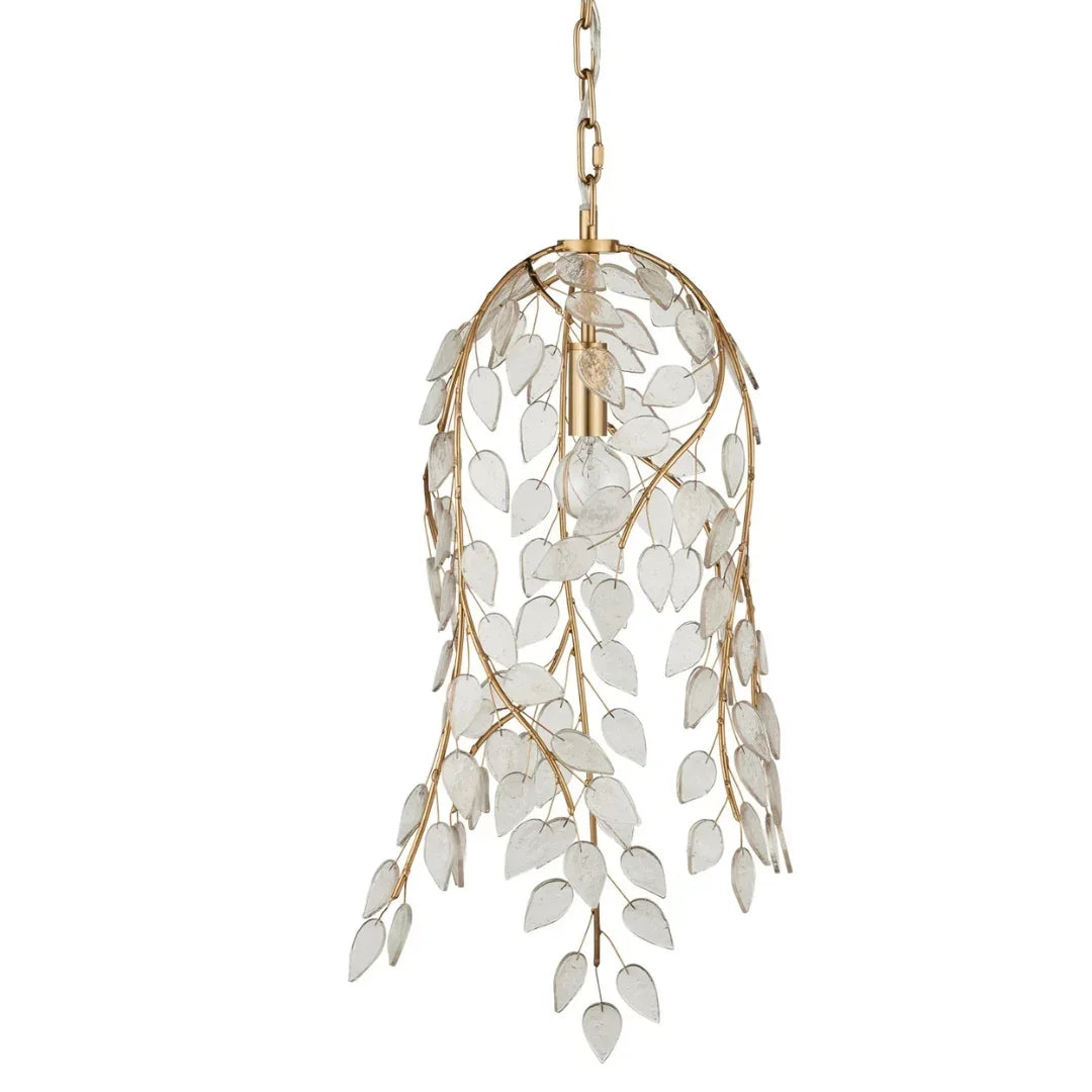 Elegant gold chandelier with cascading glass leaves, perfect for French country or shabby chic decor.