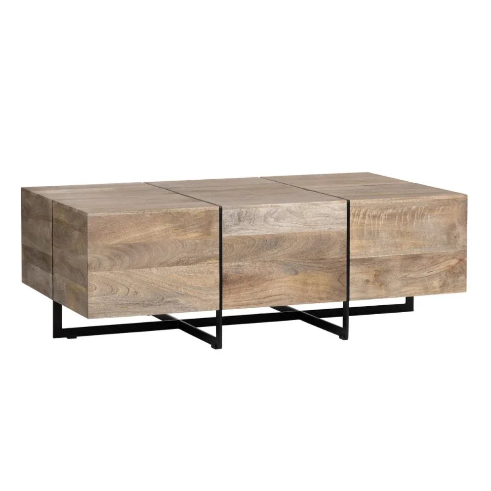 Modern natural wood block coffee table with black metal base in boho style.