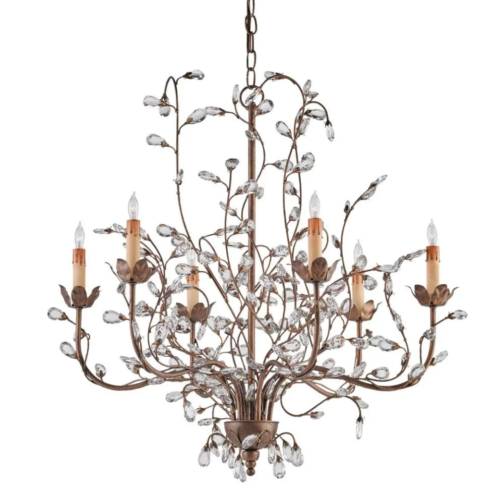 Elegant French country chandelier with crystal droplets and bronze finish, perfect for shabby chic or farmhouse decor