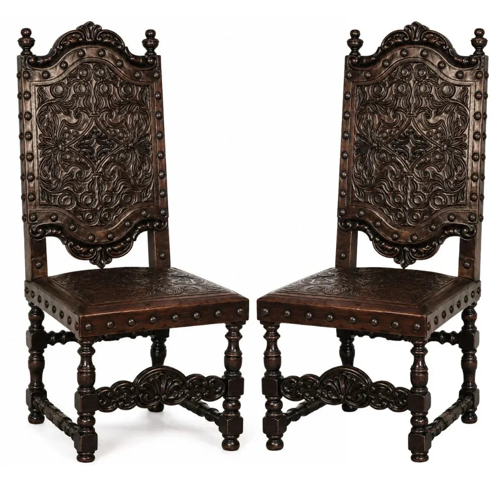 Ornate carved wooden chairs with nailhead trim, French country antique style dining seating