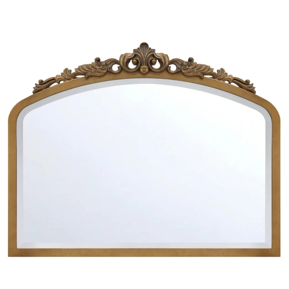 Ornate gold arched mirror with French country scrollwork, perfect for shabby chic or farmhouse decor