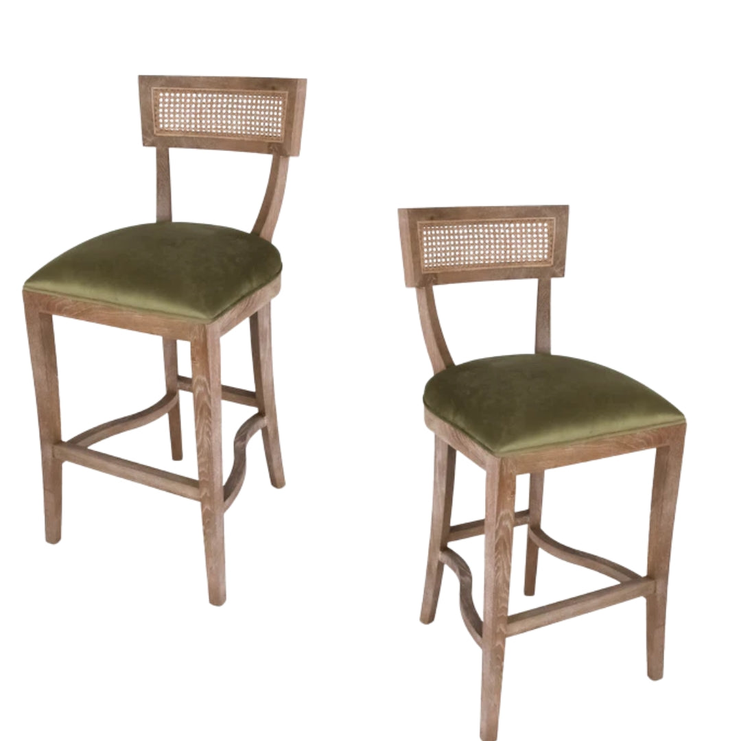 Cane Back Green Velvet Counter Stool