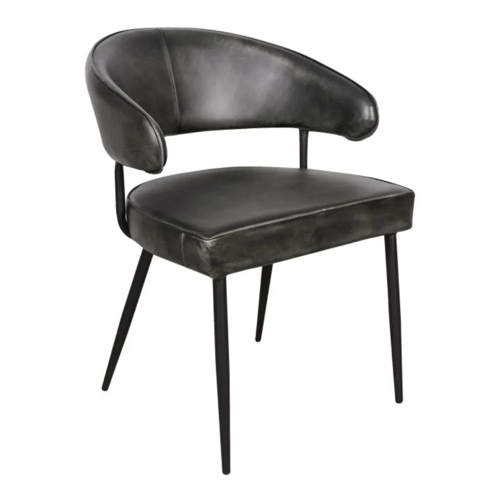 Black leather dining chair with sleek metal legs, modern farmhouse style seating