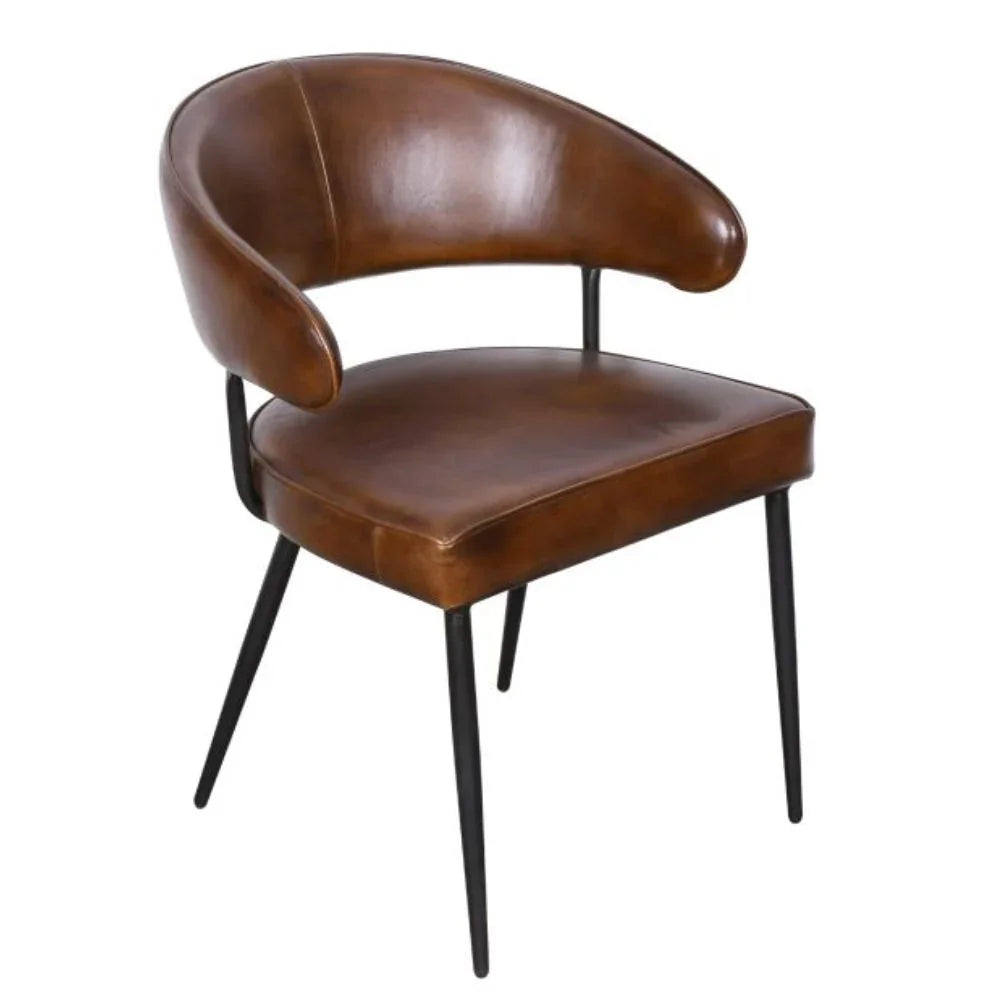 Brown leather armchair with black metal legs, modern farmhouse style