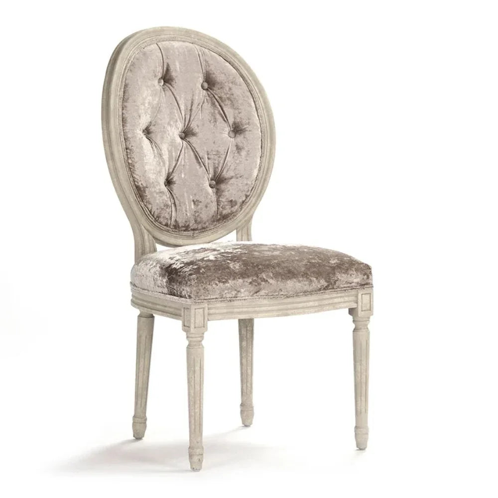 French country velvet dining chair with tufted back and distressed finish
