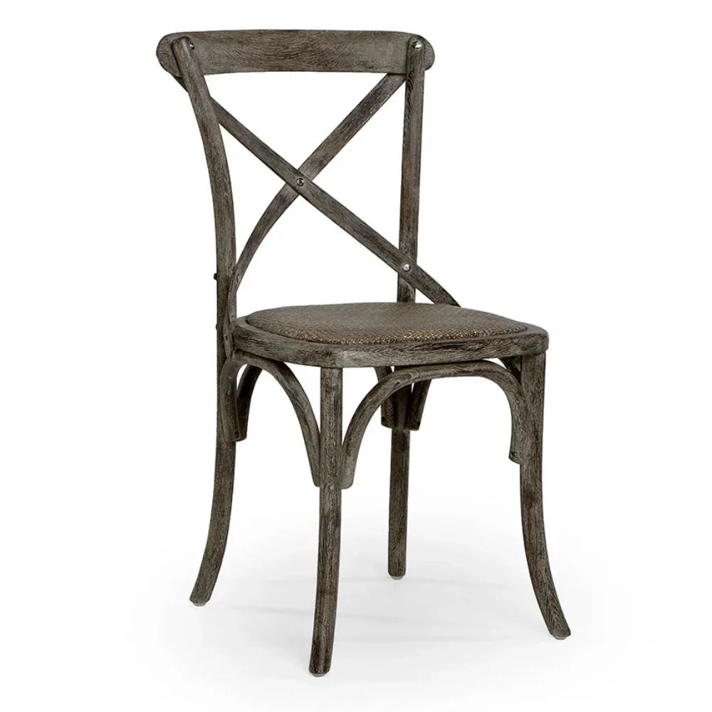 Rustic wooden chair with X-back design and woven seat, perfect for farmhouse or shabby chic decor
