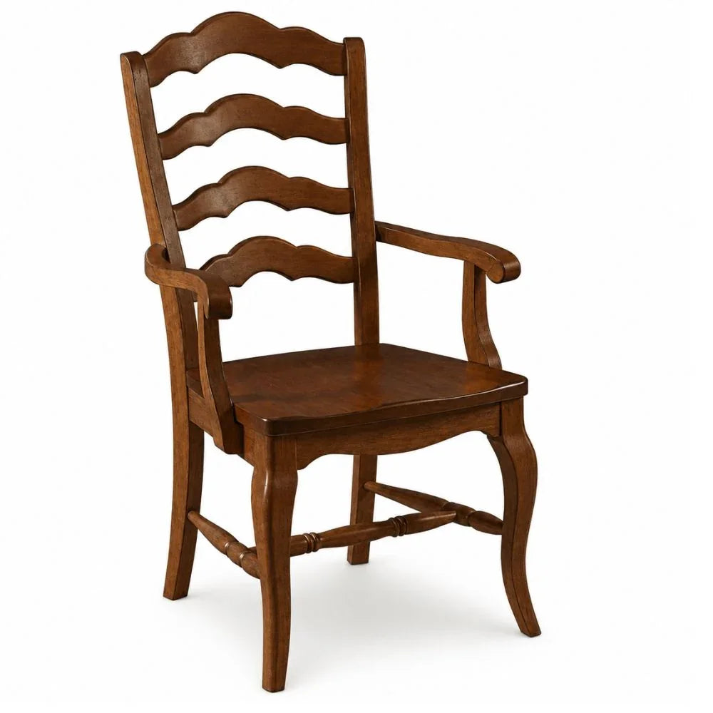 French country wooden armchair with ladder back and curved legs, rustic farmhouse style seating
