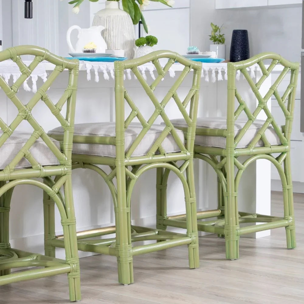 Sage green rattan bar stools with cushioned seats, coastal farmhouse style kitchen seating