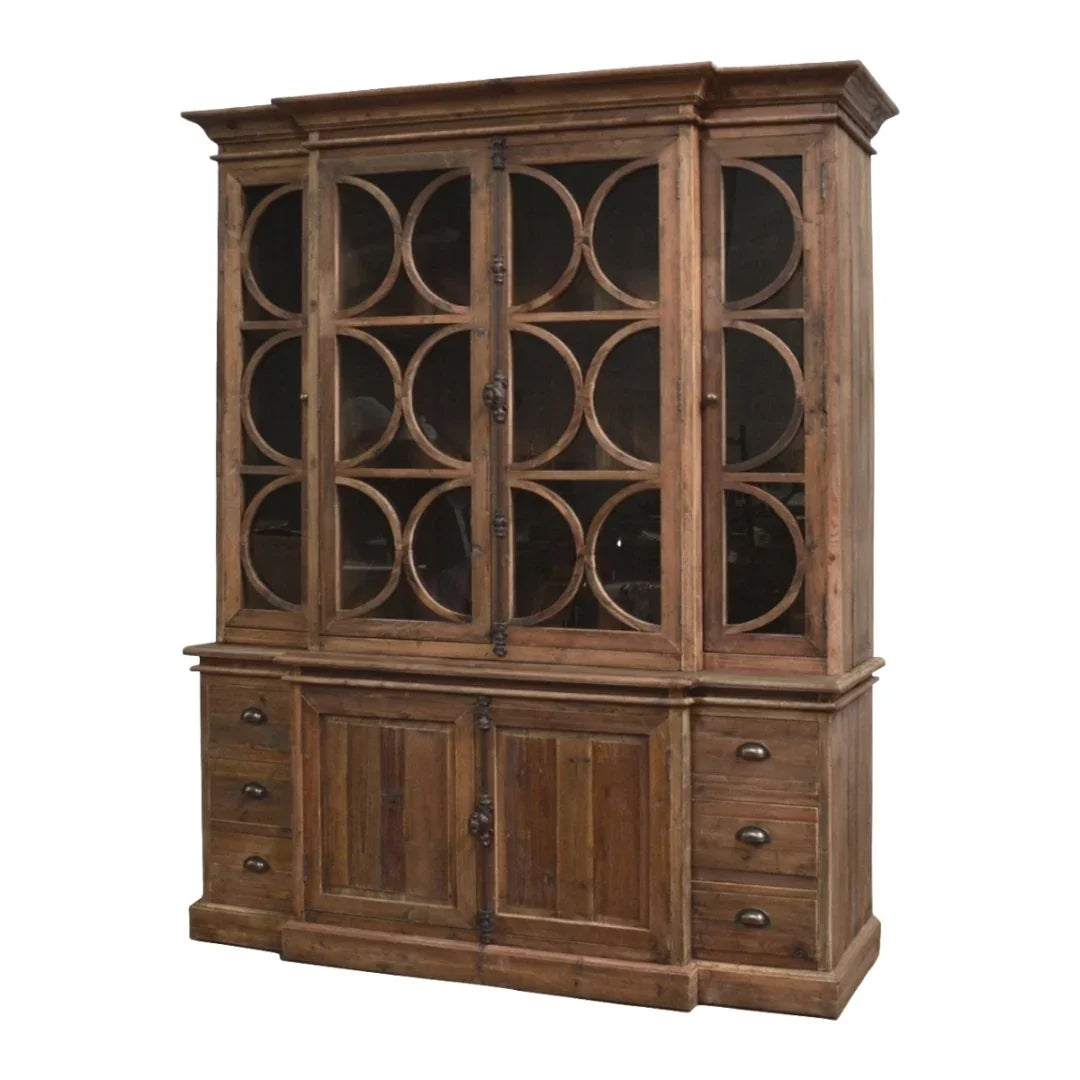 Rustic wooden hutch with circular glass panels, farmhouse style storage cabinet