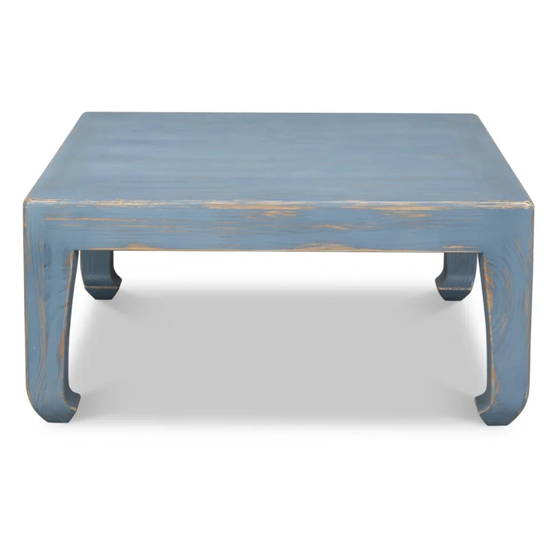 Distressed blue farmhouse coffee table with curved legs