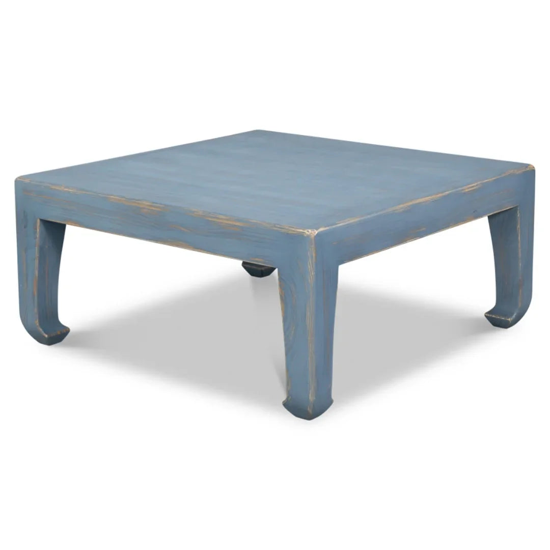 Distressed blue farmhouse coffee table with curved legs