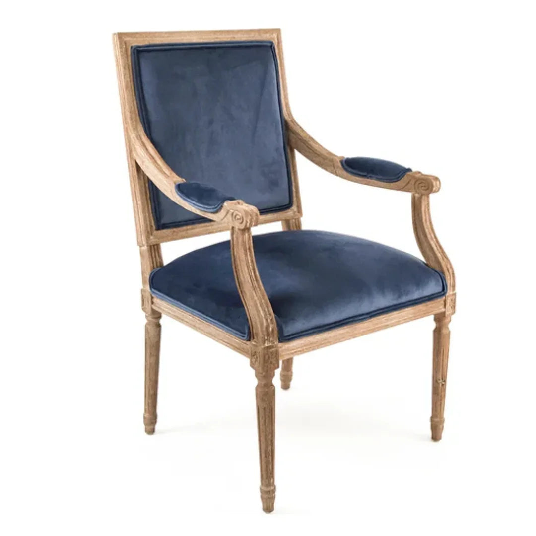 French country armchair with navy velvet upholstery and distressed wood frame