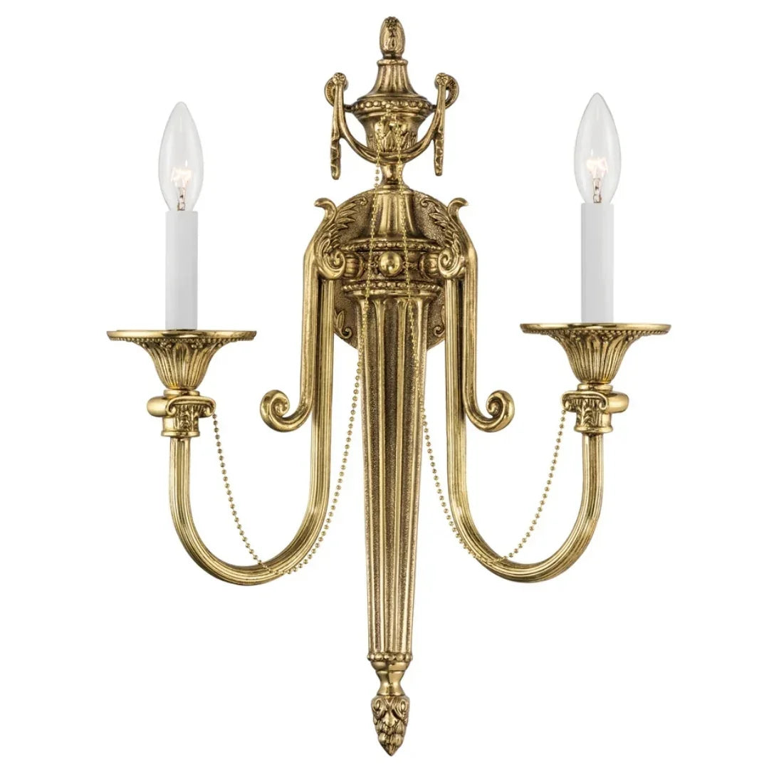 Ornate gold wall sconce with two candle-style bulbs, French country decor