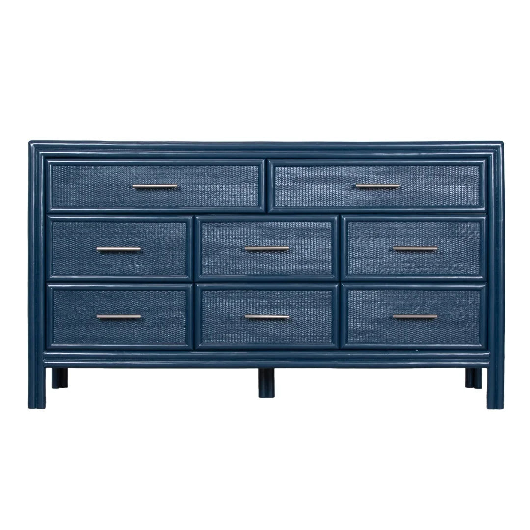 Navy blue woven texture dresser with sleek metal handles, perfect for coastal or farmhouse decor