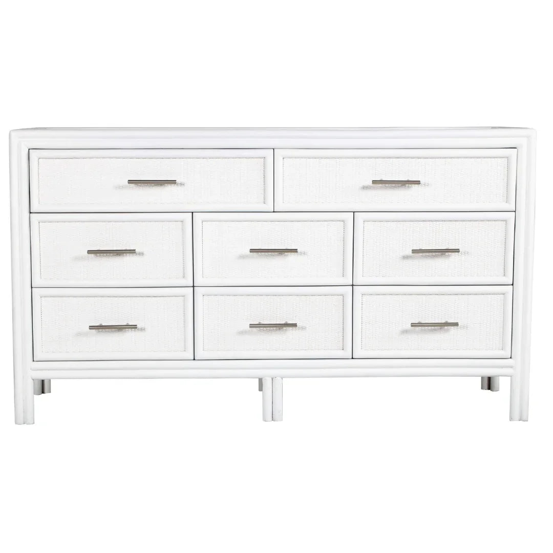 White textured dresser with silver handles, farmhouse style storage furniture