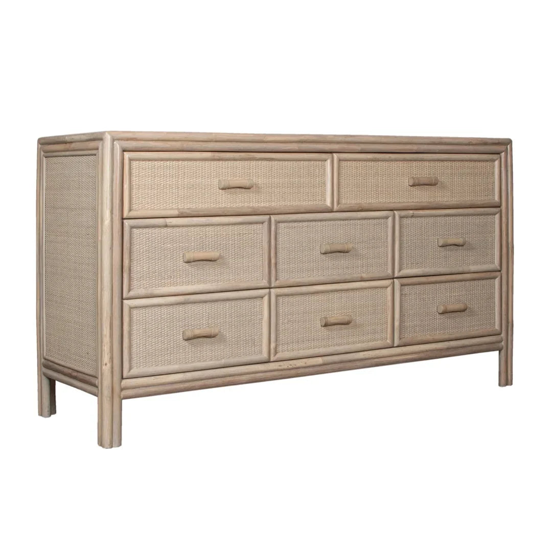 Rattan drawer dresser with natural boho style and wooden handles