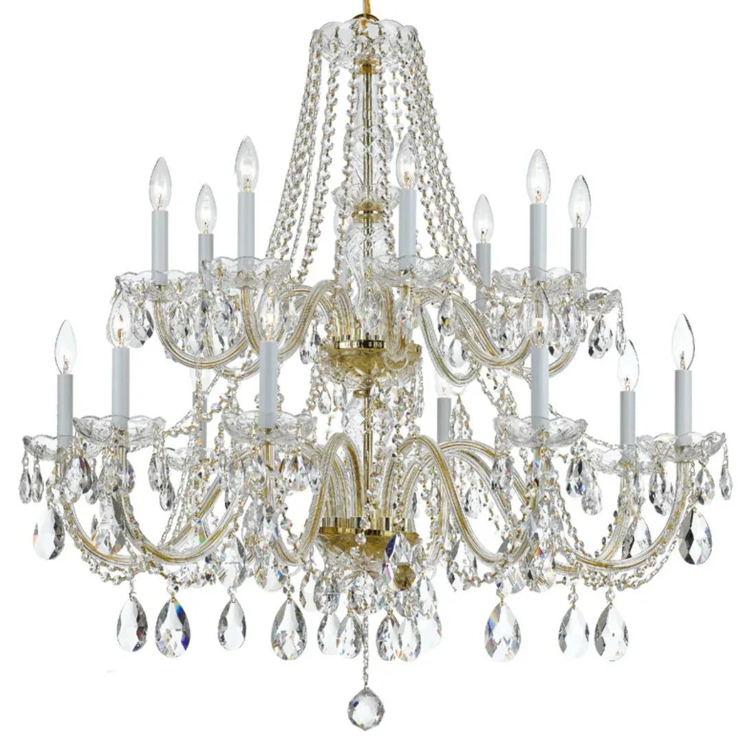 Elegant crystal chandelier with gold accents and candle-style bulbs, perfect for French country or shabby chic decor.