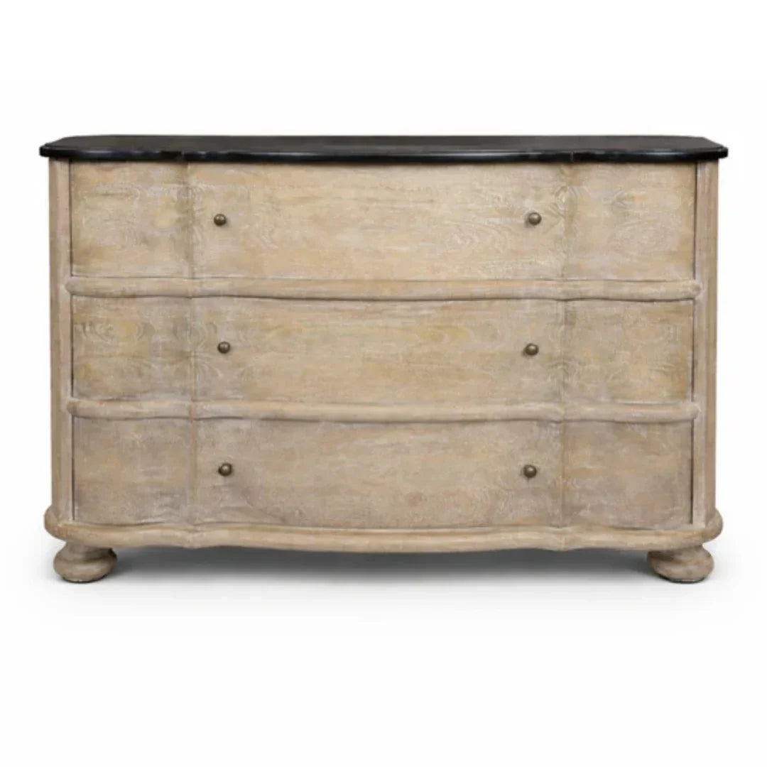 French country dresser with black marble top, shabby chic finish, and curved legs