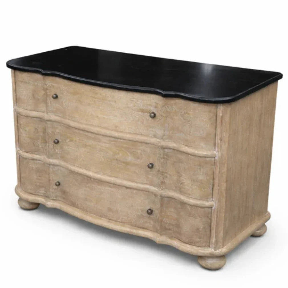 French country dresser with black marble top, shabby chic design, curved drawers, and antique finish