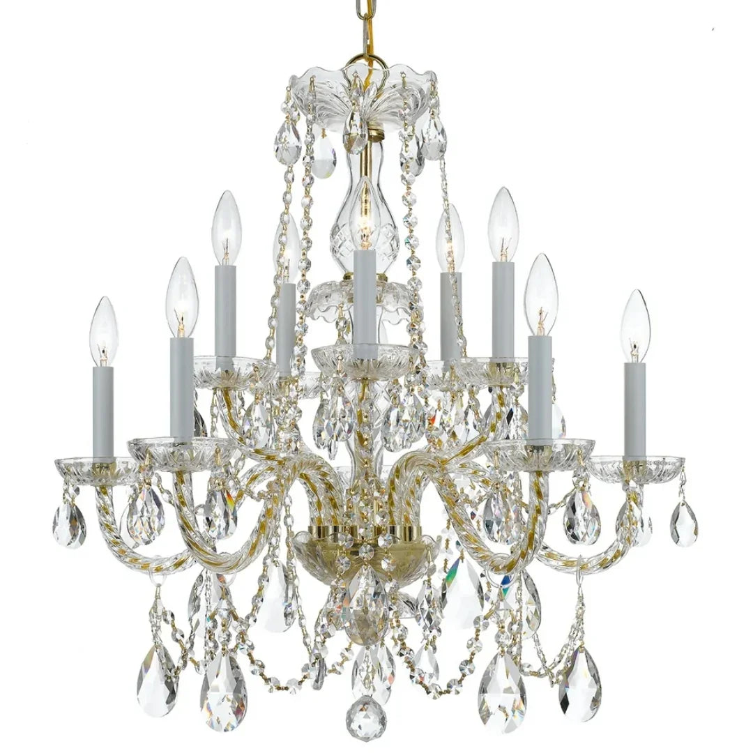 Elegant crystal chandelier with gold accents and candle-style bulbs for French country decor