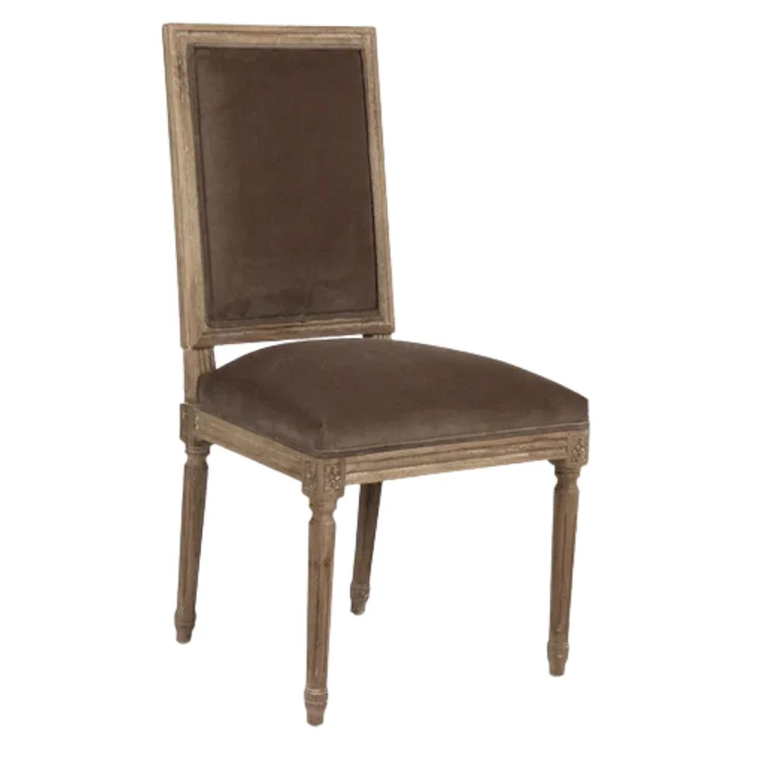 French country style dining chair with brown velvet upholstery and distressed wood frame