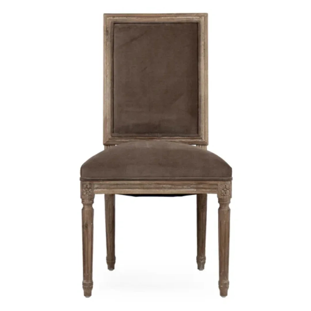 French country style dining chair with brown upholstery and distressed wood frame
