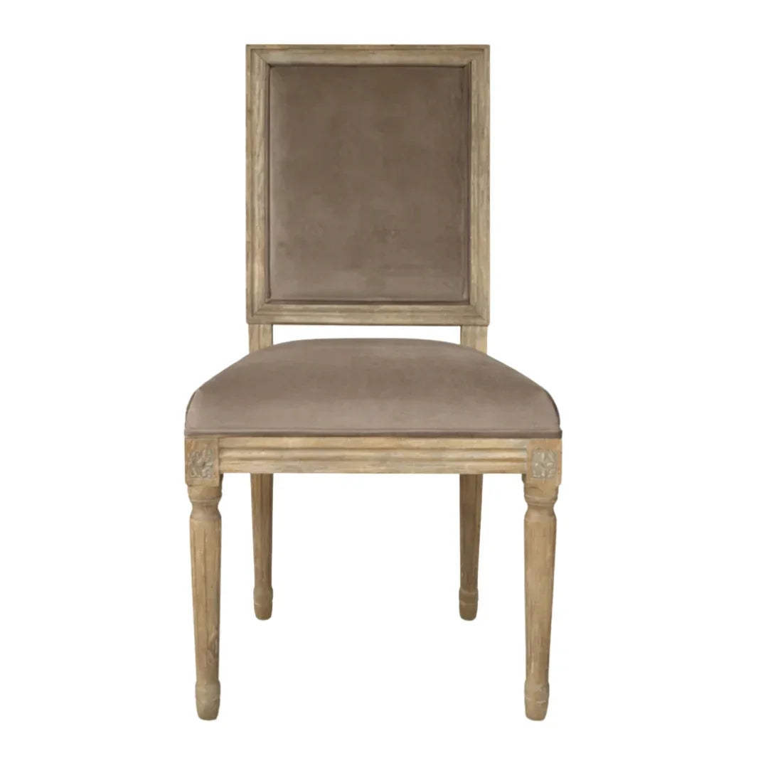 Elegant French country dining chair with distressed wood frame and taupe velvet upholstery