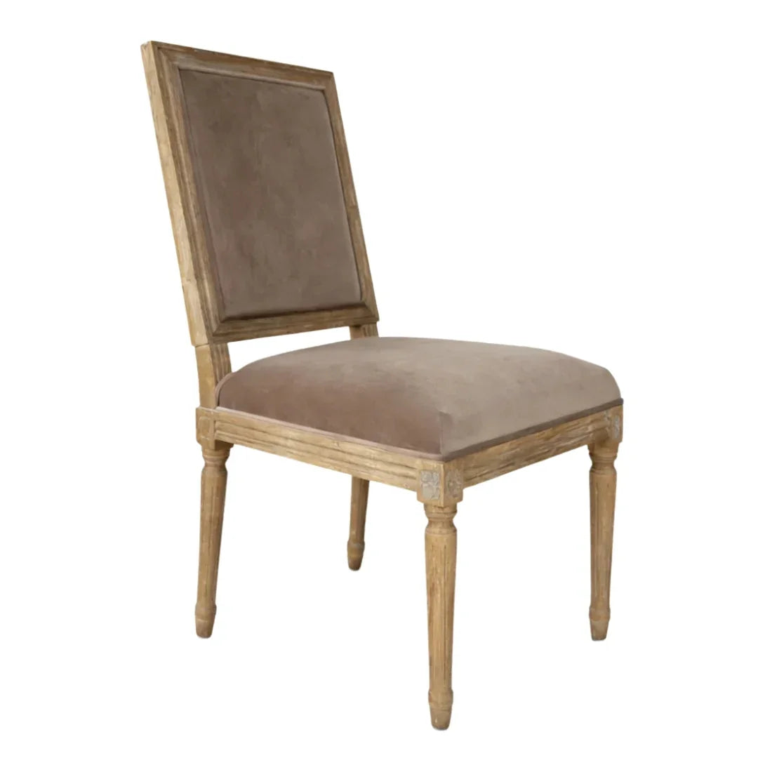French country dining chair with distressed wood frame and taupe velvet upholstery