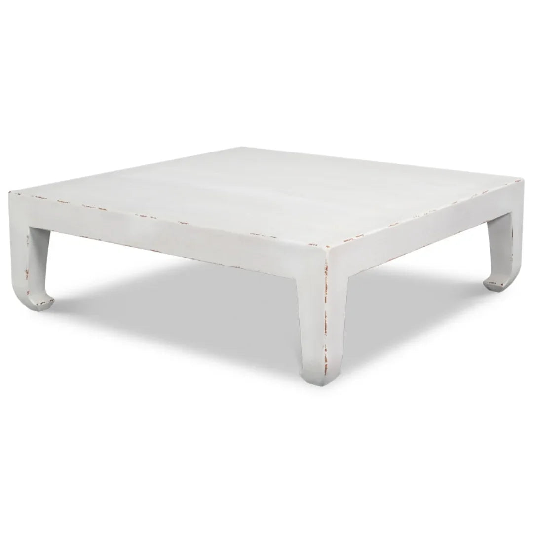 White distressed coffee table with curved legs, shabby chic style