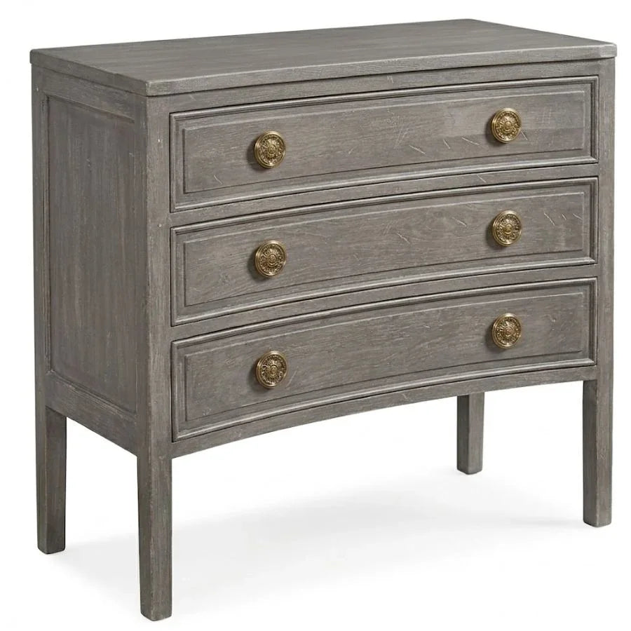 Gray French country dresser with brass knobs and curved legs