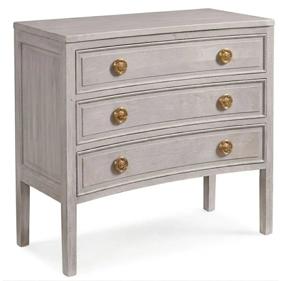 Gray French country dresser with gold knobs and elegant legs