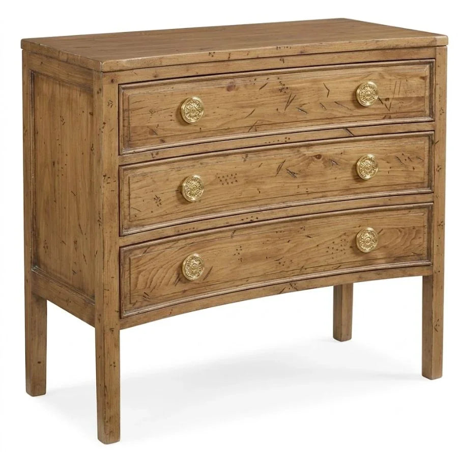Rustic wooden dresser with three drawers and gold knobs, perfect for French country or farmhouse decor