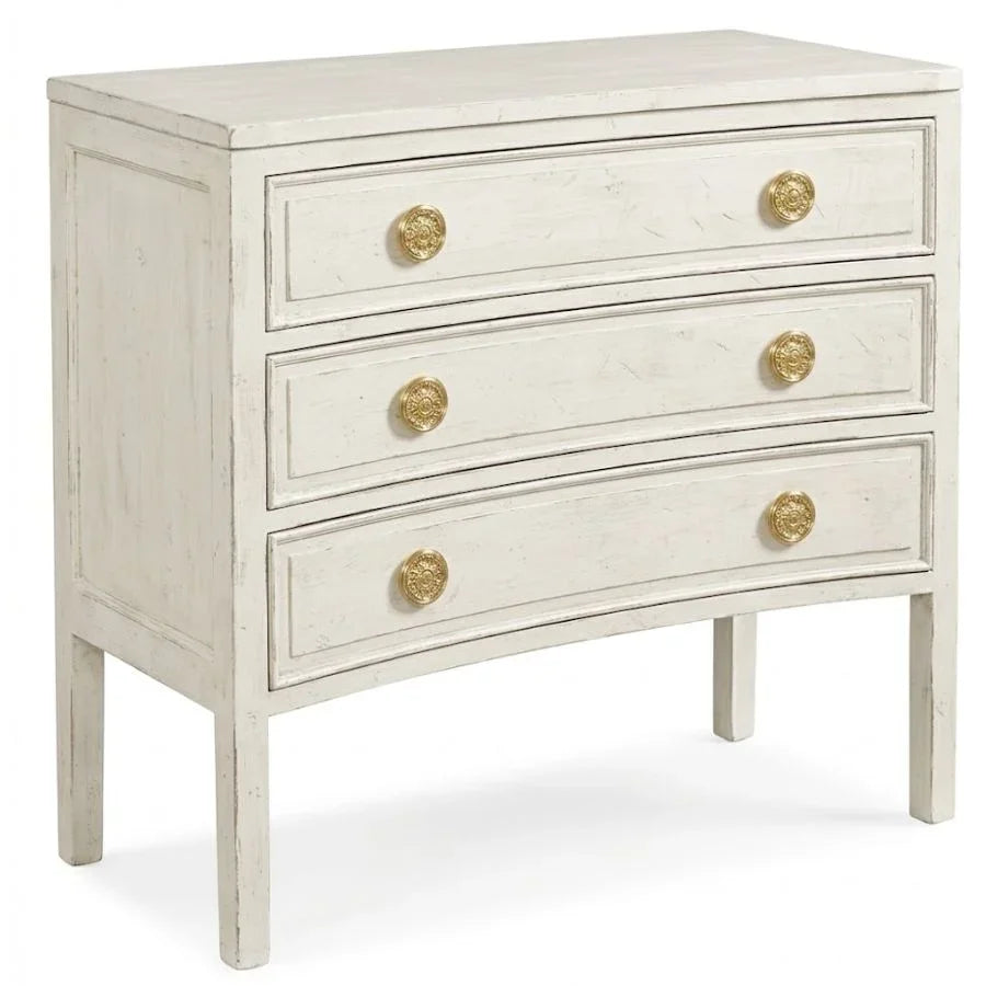 White distressed dresser with gold knobs, French country style